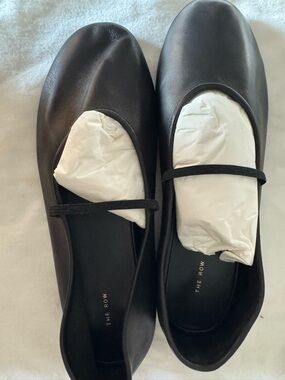 The Row Black Leather Ballet Flats with Elastic Strap